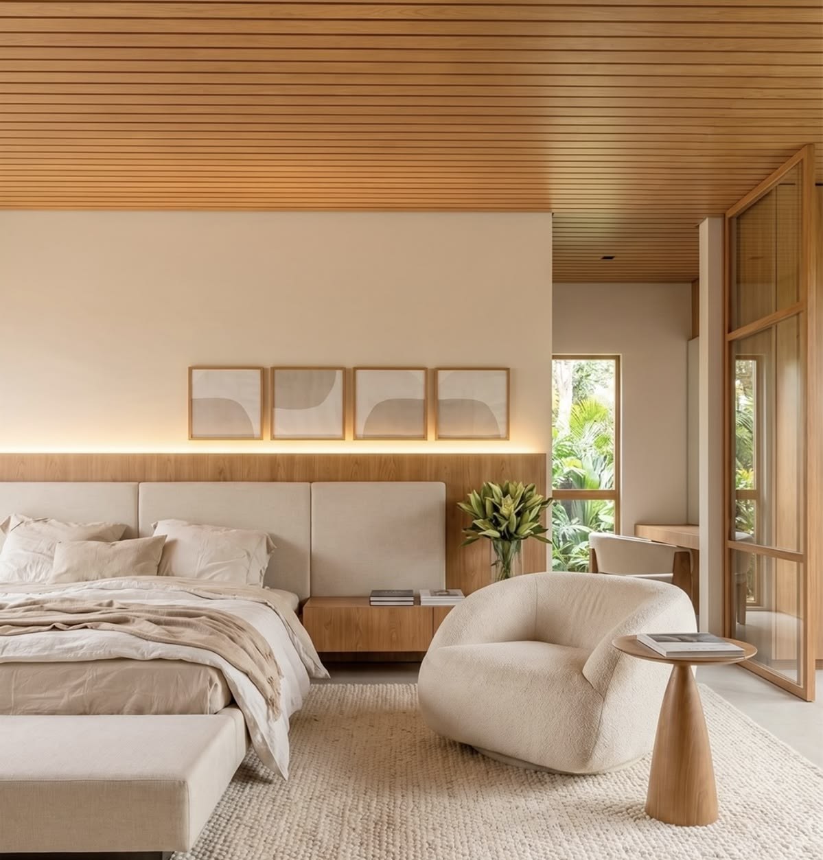 Suíte com forro de madeira ripada, cama estofada, poltrona curva e mesa lateral de madeira